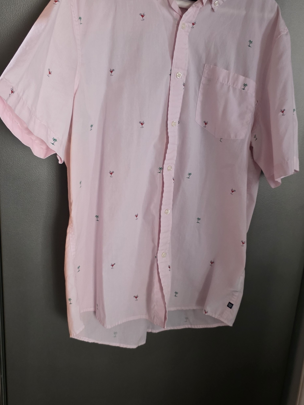 Chaps Light Pink Short-Sleeve Button-Down Shirt with Tiny Embroidered Motifs